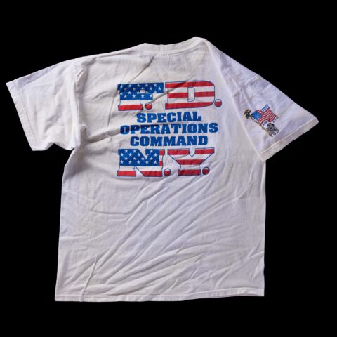 White T-Shirt Dedicated to Ray Downey, a NY Firefighter, Leading Member of Incident Support Team in 1995, Killed Responding to 9/11