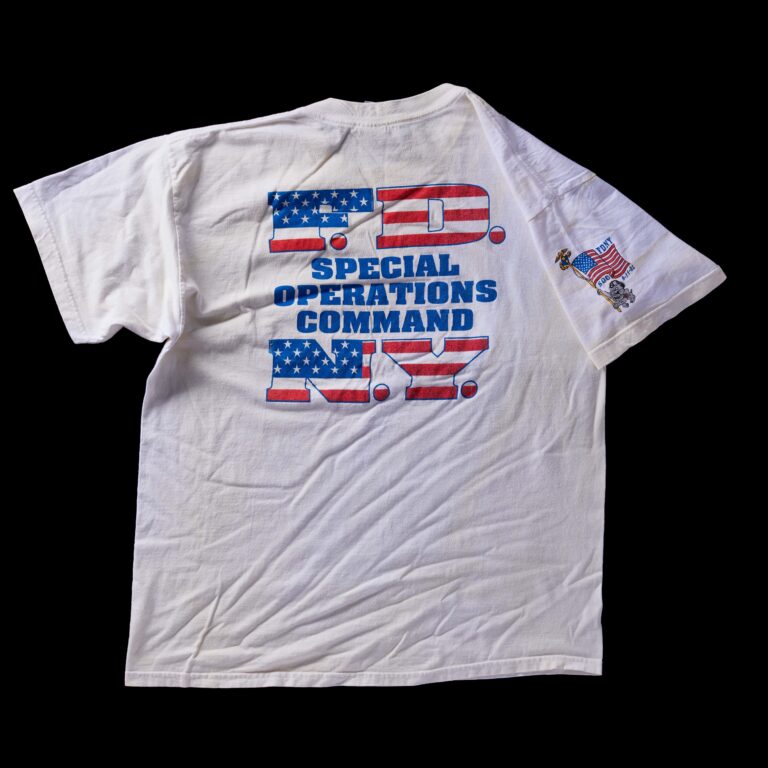 White T-Shirt Dedicated to Ray Downey, a NY Firefighter, Leading Member of Incident Support Team in 1995, Killed Responding to 9/11
