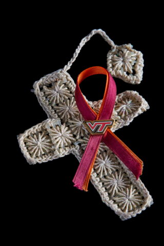 Crocheted Cross with Virginia Tech Ribbon